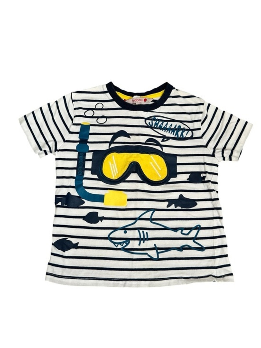 Boboli White Navy Striped Shark Snorkel Swim Tee with Yellow Goggles